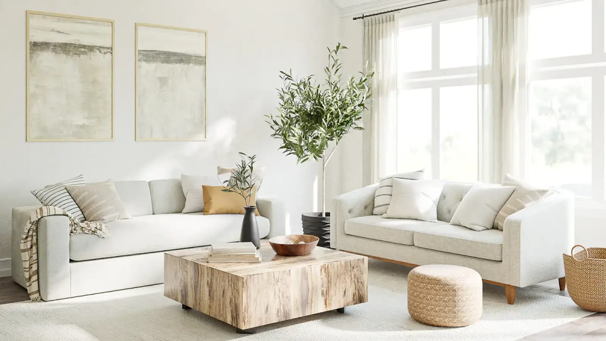 A bright living room with pale sofas, a solid-wood coffee table and an olive tree by the window