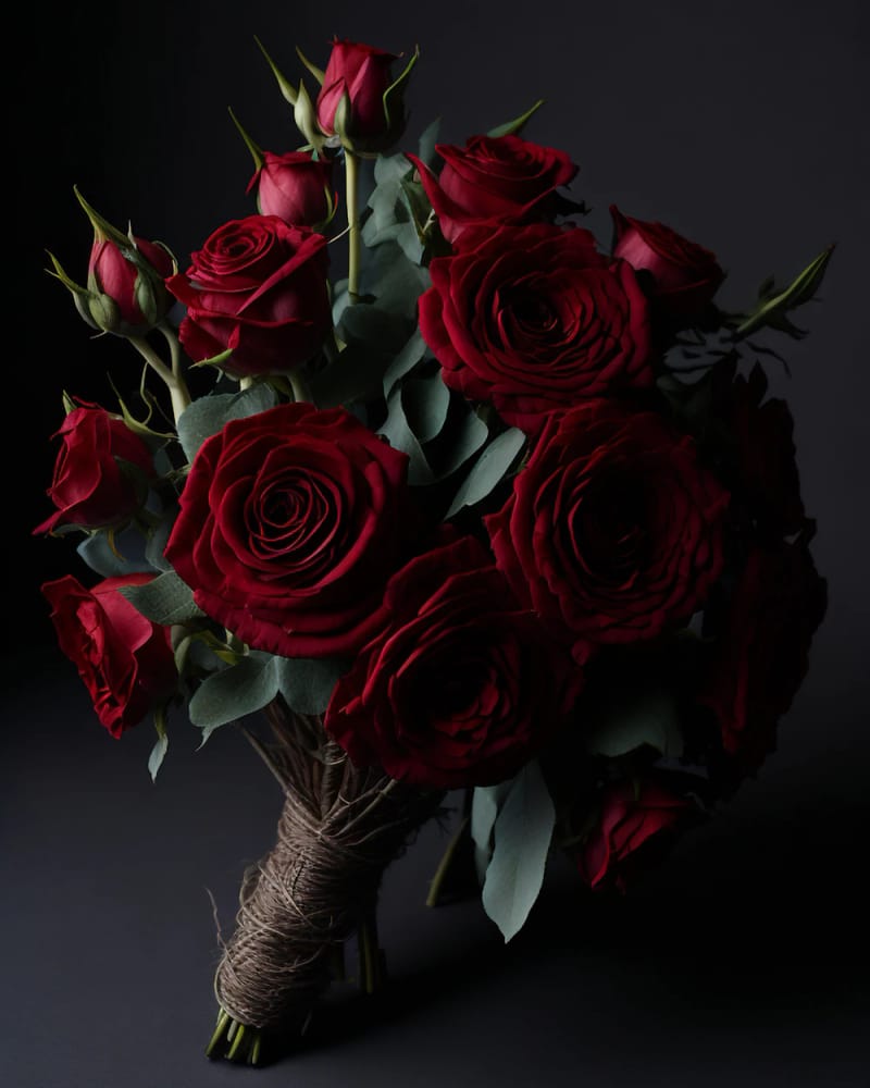 Crimson Romance: a hand-tied bouquet of deep red roses against a dark background