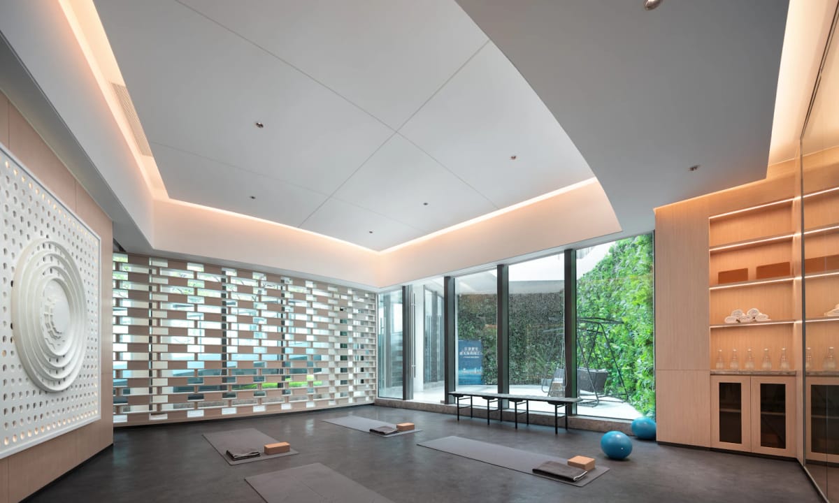 The studio: a bright, quiet room with a curved ceiling, mats laid out and a wall of windows onto the garden